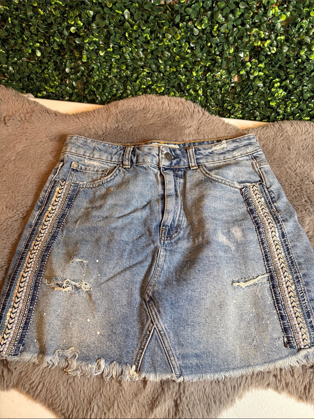 Free People Blue Distressed & Bedazzled Denim Midi Skirt Size 8